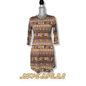 Boho Gypsy Tunic Love Spell Elephant Print  Dress orange brown S